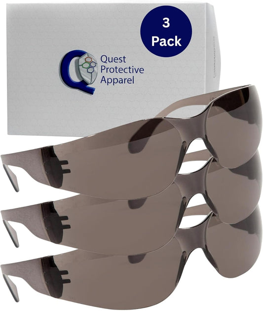 Quest Protective Apparel Safety Glasses for Men and Women - Anti Fog Safety Goggles for Shooting, Lab, or Construction – Polycarbonate Eye Protection [Smoke & Pack of 3]