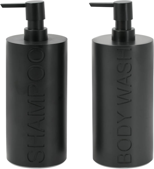 Matte Black Resin 2 Piece Shampoo and Body Wash Dispenser Set, Luxurious Refillable Pump Bottles with Matte Pump Top and Embossed Text, Durable Design for Bathroom and Shower