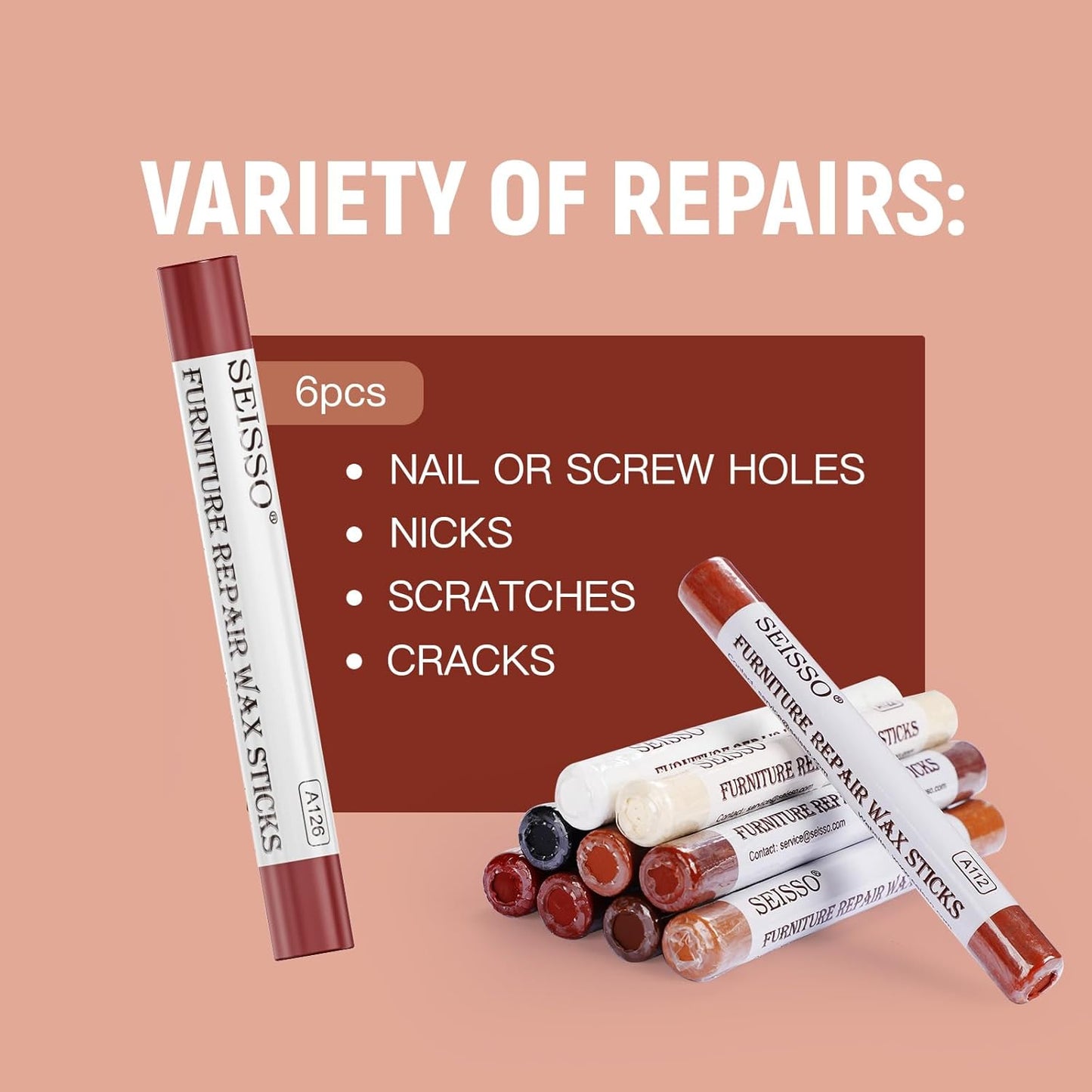 SEISSO Furniture Repair Crayon, 6 Pcs - Wood Filler Sticks, Scratch Repair Wax, Furniture Marking Repair - Scratch, Cracks, Hole, Table, Wood Floor, Guitar, Covering, Instrument Fill Sticks-Redoak