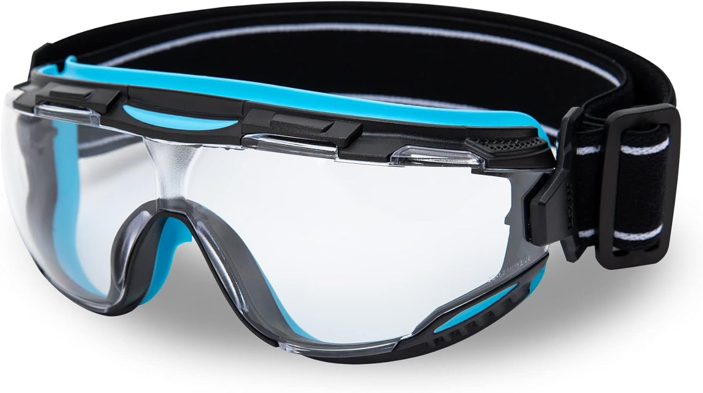 DEX FIT Protective Safety Goggles SG220; Anti Fog & Scratch, Z87 Eye Protection for Lab, Science, and Chemistry Work, Adjustable for Women and Men, (Black & Blue Frame, Clear Lens, 30cm Strap)