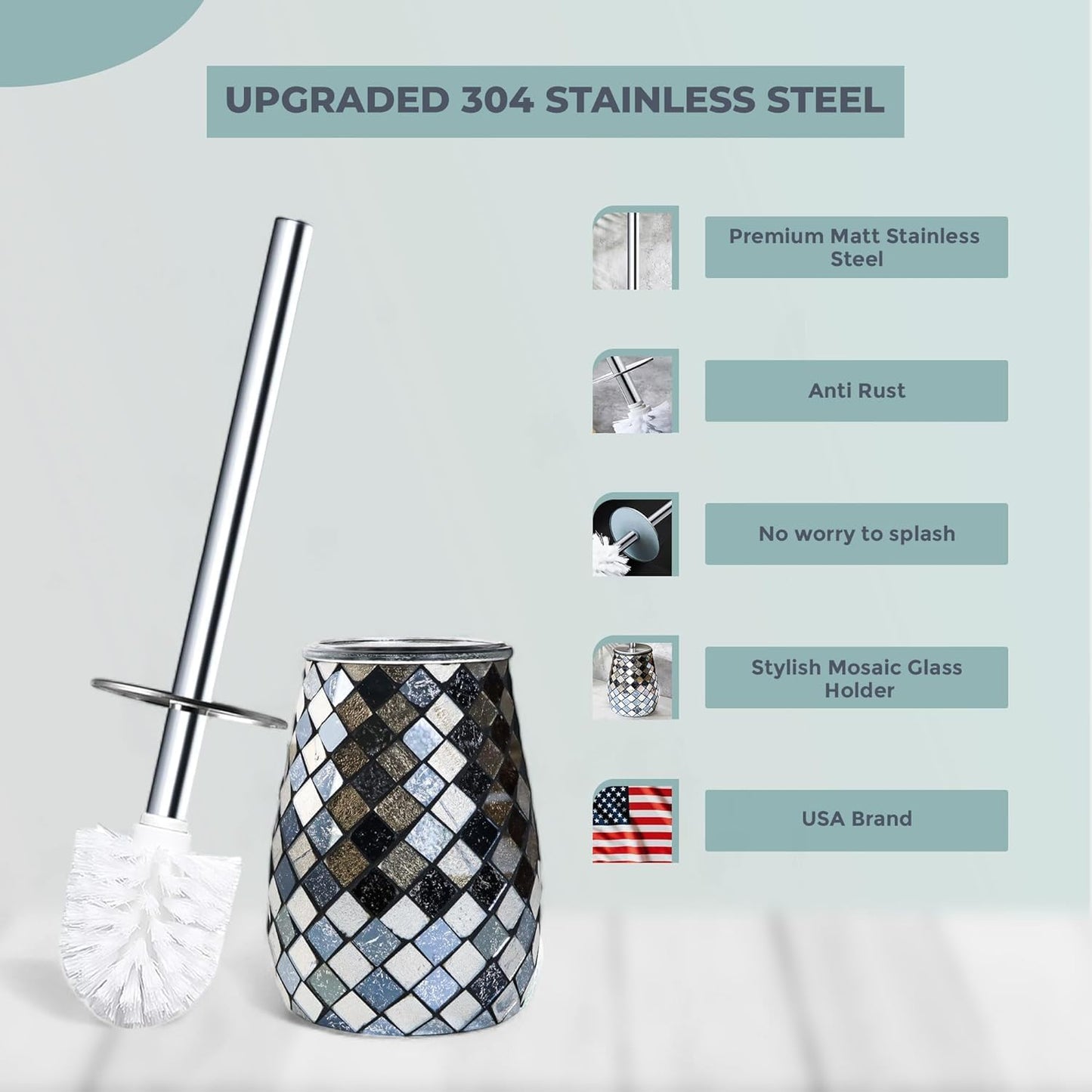 Escenzy Modern Toilet Brush and Holder Set Mosaic Glass | Non-Rustic Stainless Steel | Practical & Decorative Toilet Bowl Brush and Holder | Luxury Black and Gold Bathroom Accessories