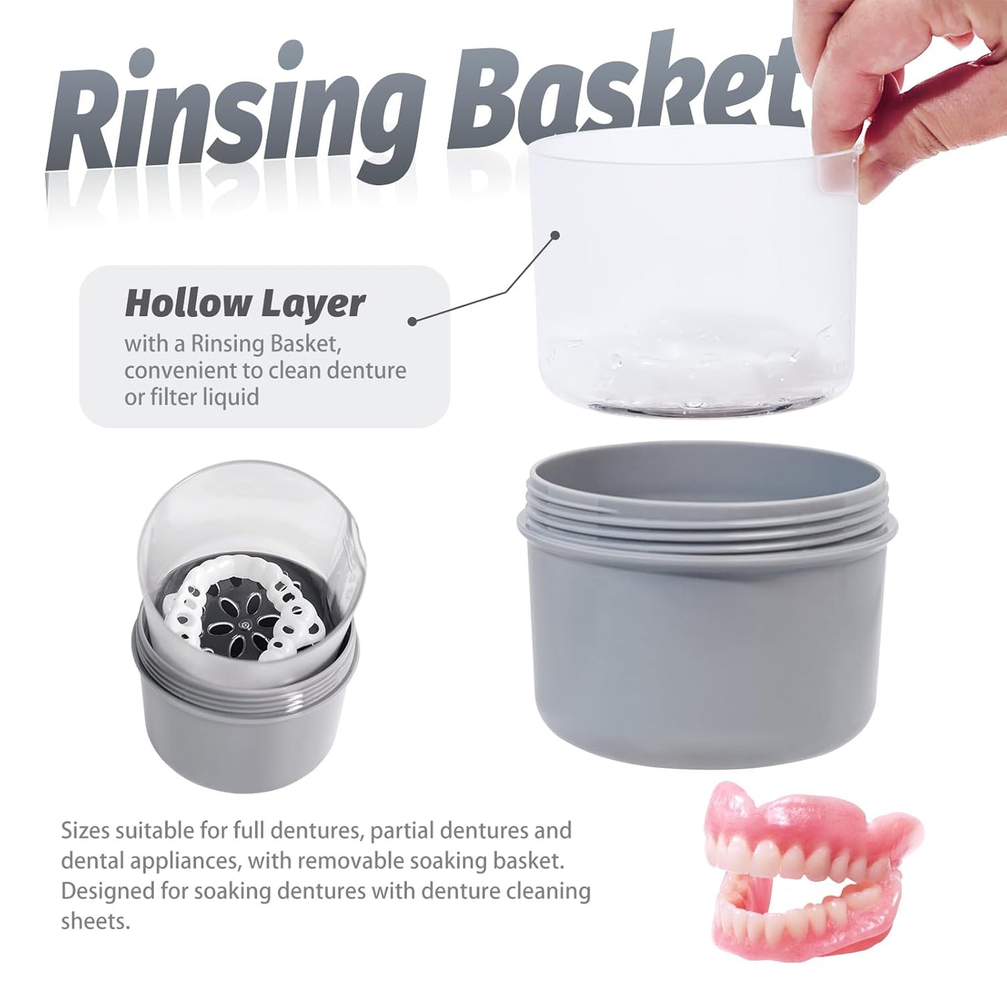 Large Denture Bath Cup No Leak Denture Case Retainer Cleaner Case Complete Cleaning Care Denture Clear and Retainer Denture Holder for Soaking (grey)