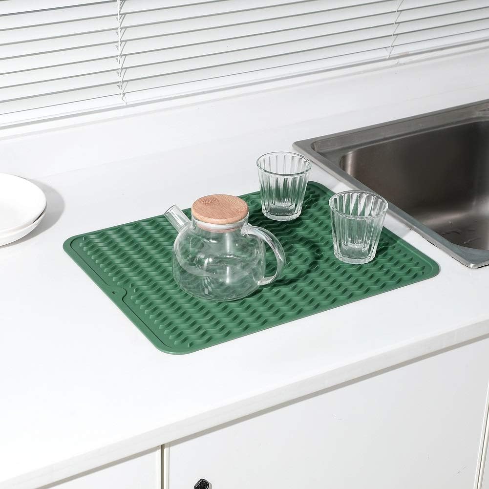 Silicone Dish Drying Mat for Multiple Usage,Easy clean,Eco-friendly,Heat-resistant Silicone Mat for Kitchen Counter or Sink,Refrigerator or drawer liner Green L 16 inches x 12 inches