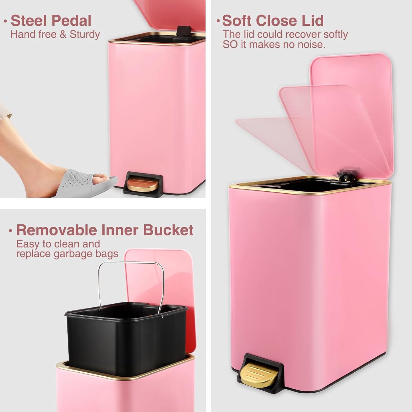 Small Bathroom Trash Can with Lid Soft Close, 1.8 Gallon Stainless Steel Garbage Can with Removable Inner Bucket,Wicker Storage Baskets,75Count Trash Bags, Slim Step Pedal Trash Bins