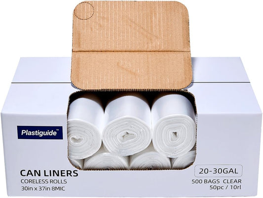 20-30 Gallon Trash Can Liners, 500 Count High Density Garbage Bags, 30'' x 37'', Clear, for Outdoor, Bathroom, Office, Recycling, Janitoria, Commercial and Industrial Use