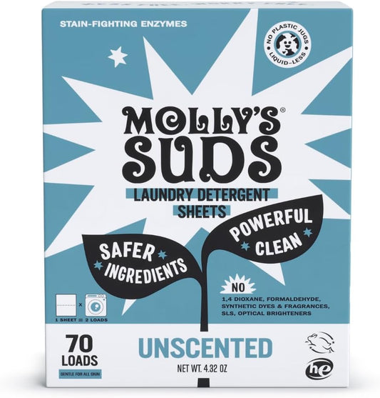 Molly’s Suds Laundry Detergent Sheets | Gentle on Sensitive Skin, Powerful Bio-Based Enzymes, Stain-Fighting | Liquidless & Plastic-Free Packaging | 70 Loads (Unscented)