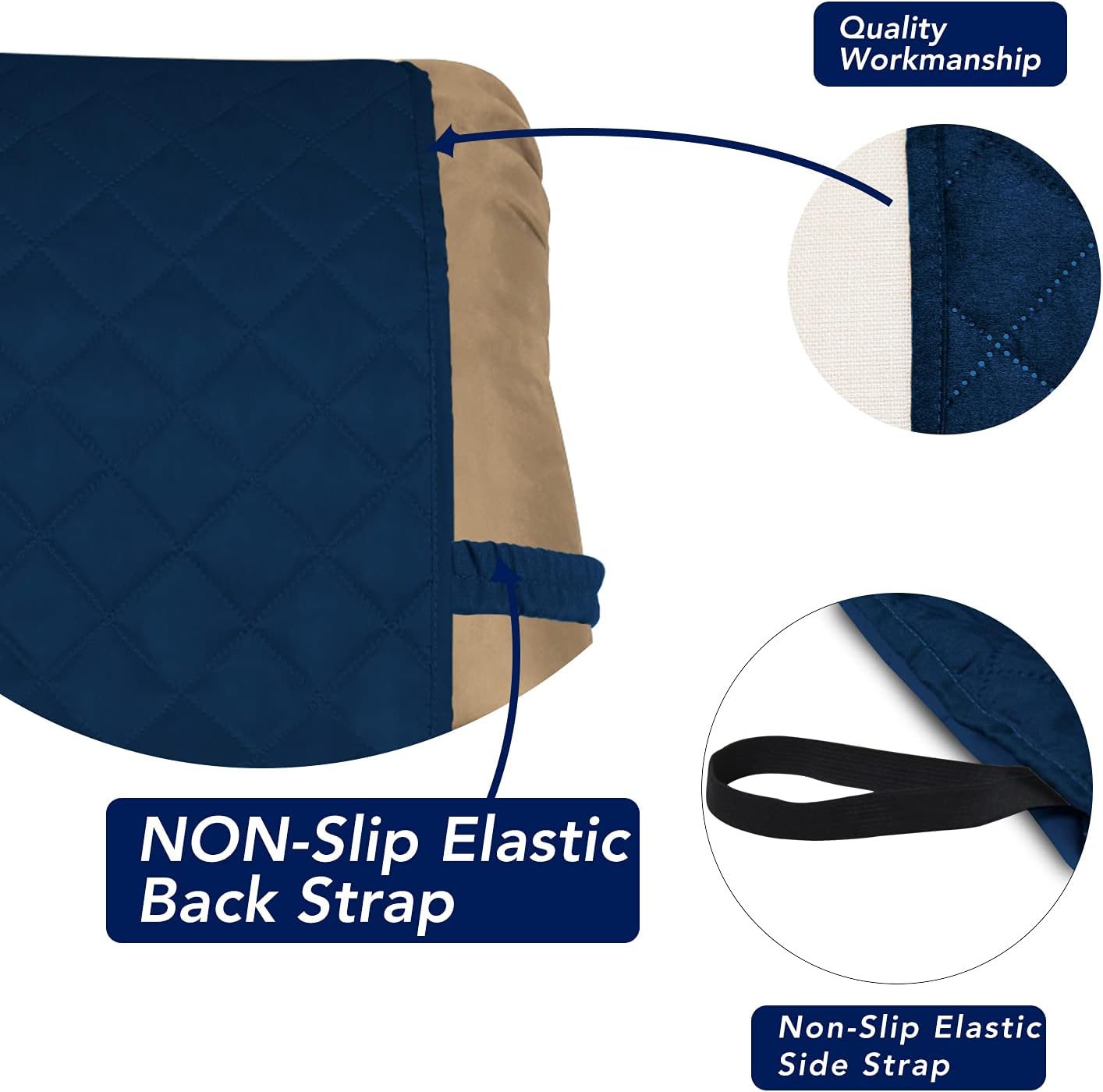 PureFit Reversible Quilted Oversized Recliner Sofa Cover, Water Resistant Furniture Protector, Washable Couch Cover with Elastic Straps for Kids, Pets (Small, Navy/Navy)