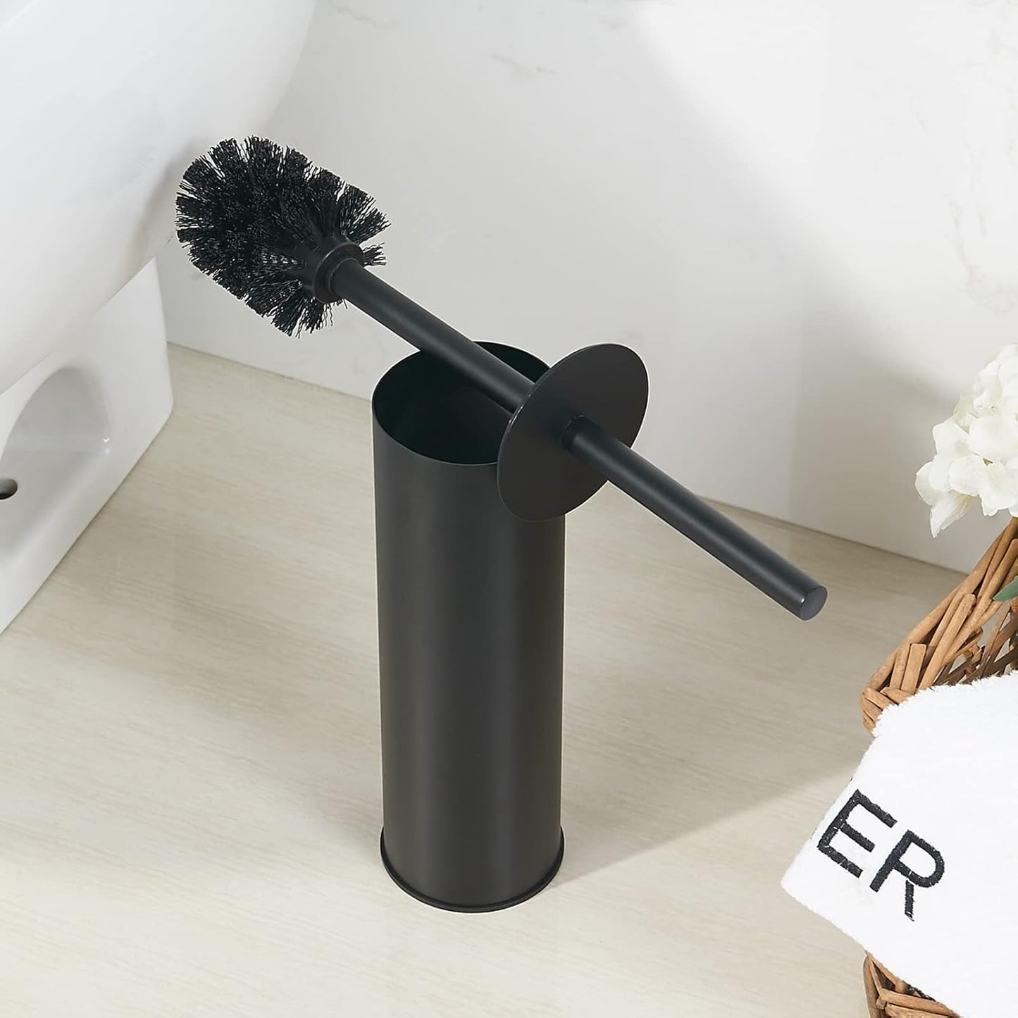 Toilet Brush and Holder Set Black Stainless Steel, 304 Heavy Duty Round Toilet Brush Set – Rust Resistant, Long Handle, Replacement Heads, Floor Standing Bathroom Toilet Cleaning Brush
