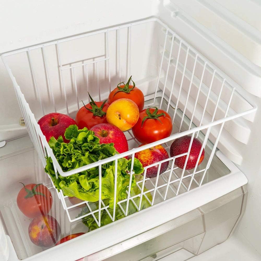 Deep Refrigerator Organizer Baskets, Metal Wire Baskets for Upright Freezer, Household Bin Basket with Handles for Kitchen, Cabinets, Pantry, Closets (11.8" L x 10" W x 7" H)
