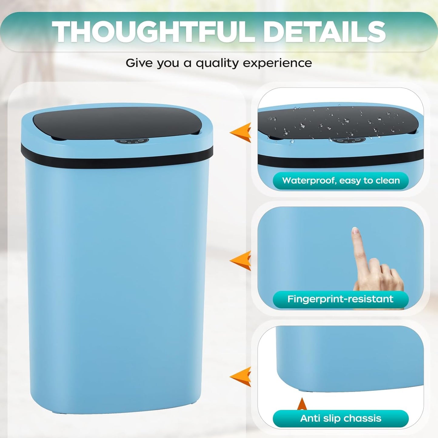 Automatic Motion Sensor Bathroom Trash Can with Lid, 13 Gallon Touchless Trash Bin, Smart Dog Proof Garbage Can, Touch Free Waste Basket for Toilet, Office, Bedroom,Blue