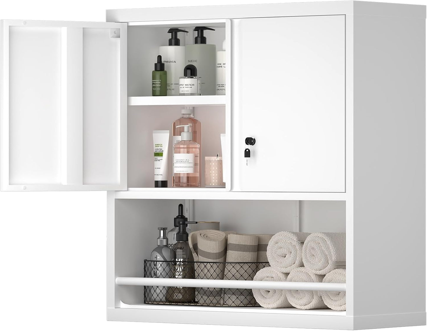 Metal Wall Storage Cabinet, Steel Storage Cabinets with Locking Doors and Shelves, Hanging Cabinet with Guard Bar, Ideal for Kitchen, Laundry, Home Office