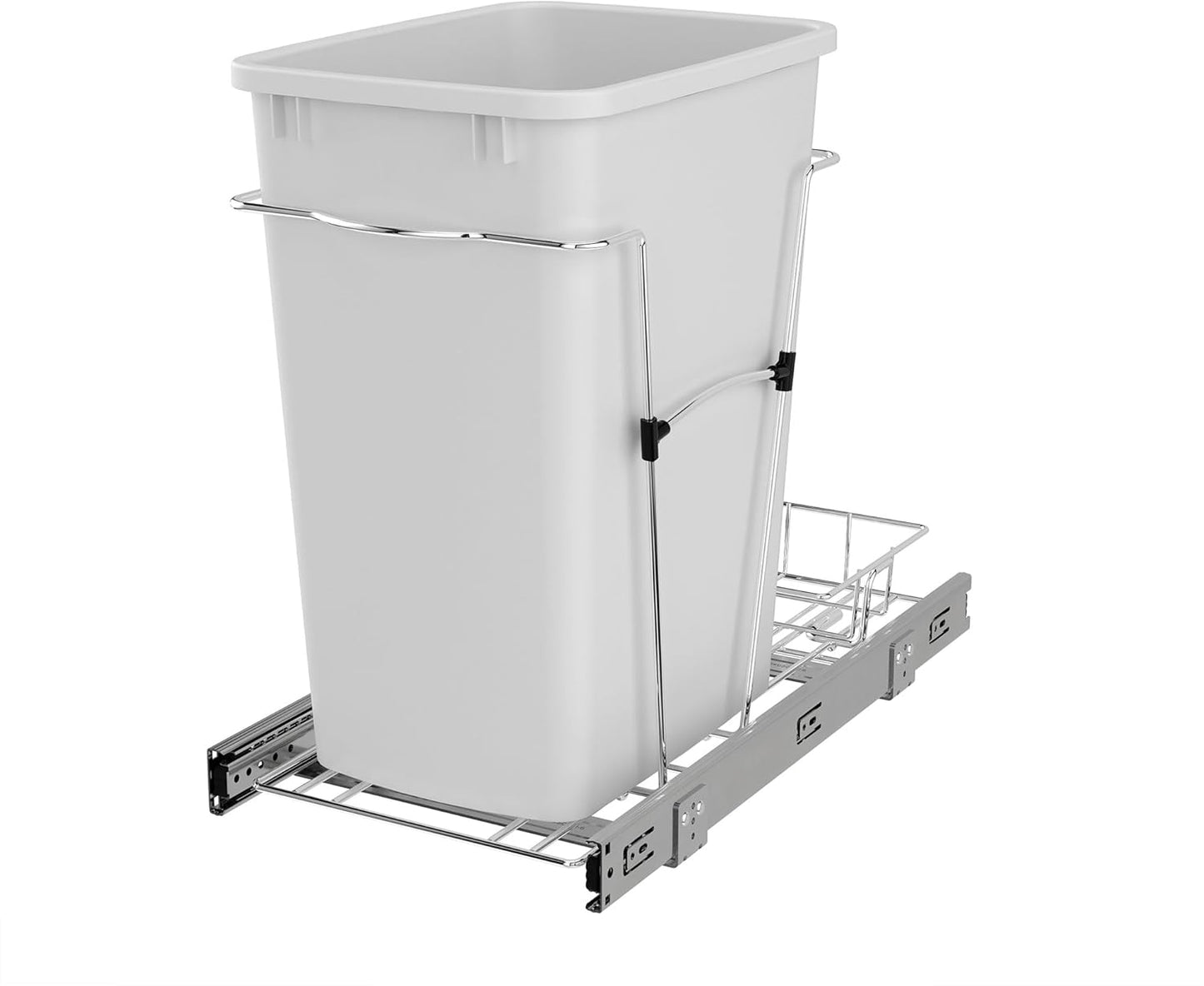 Rev-A-Shelf Pullout Trash Can for Kitchen Cabinets 35 Quart Garbage Waste Recycling Bin with Full Extension Slides, White, RV-12KD-11C