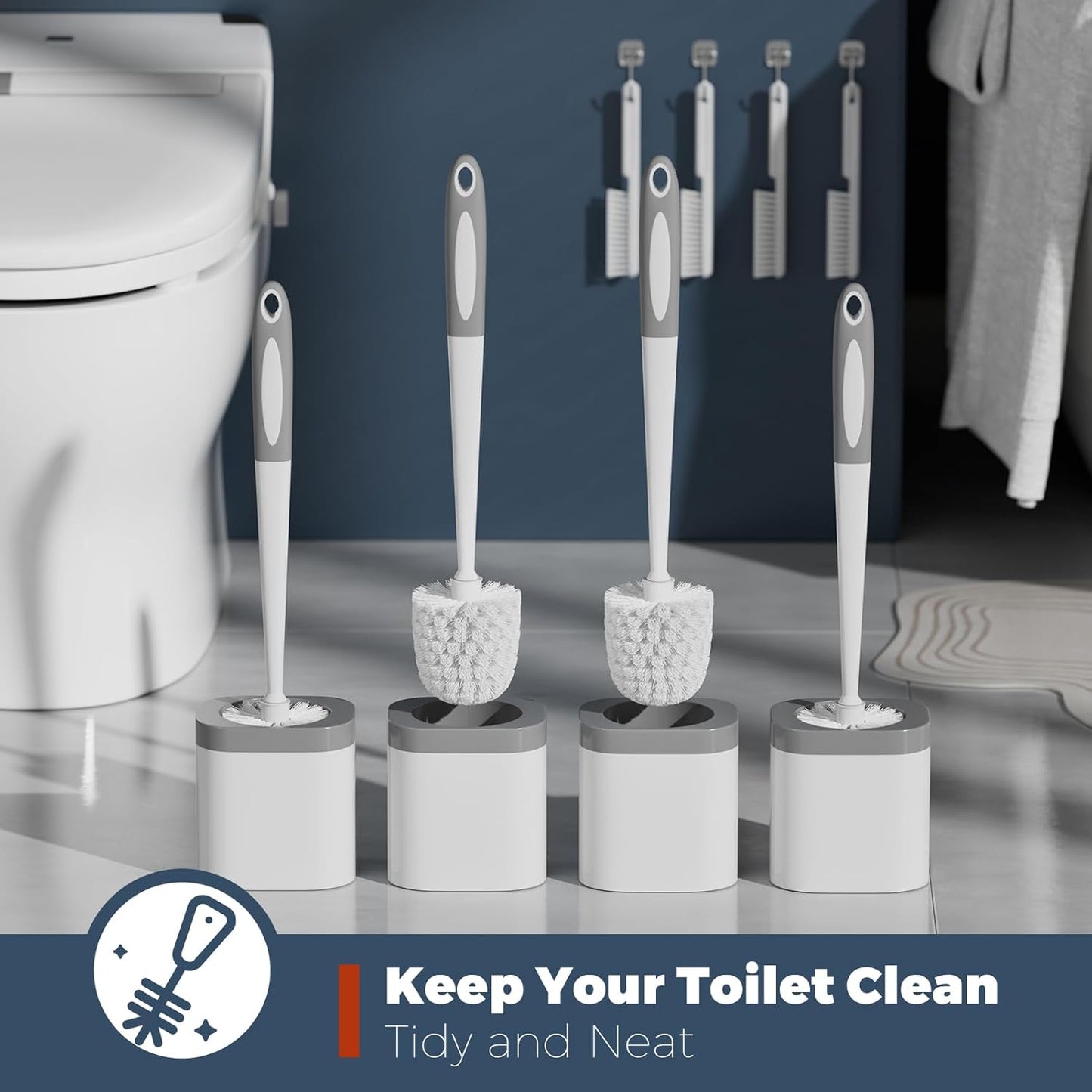 Toilet Brush, 4 Pack Toilet Brush and Holder Set Bathroom Accessories, Toilet Bowl Brush and Holder with 4 Crevice Brush for Bathroom, Toilet Scrubber Brush, White
