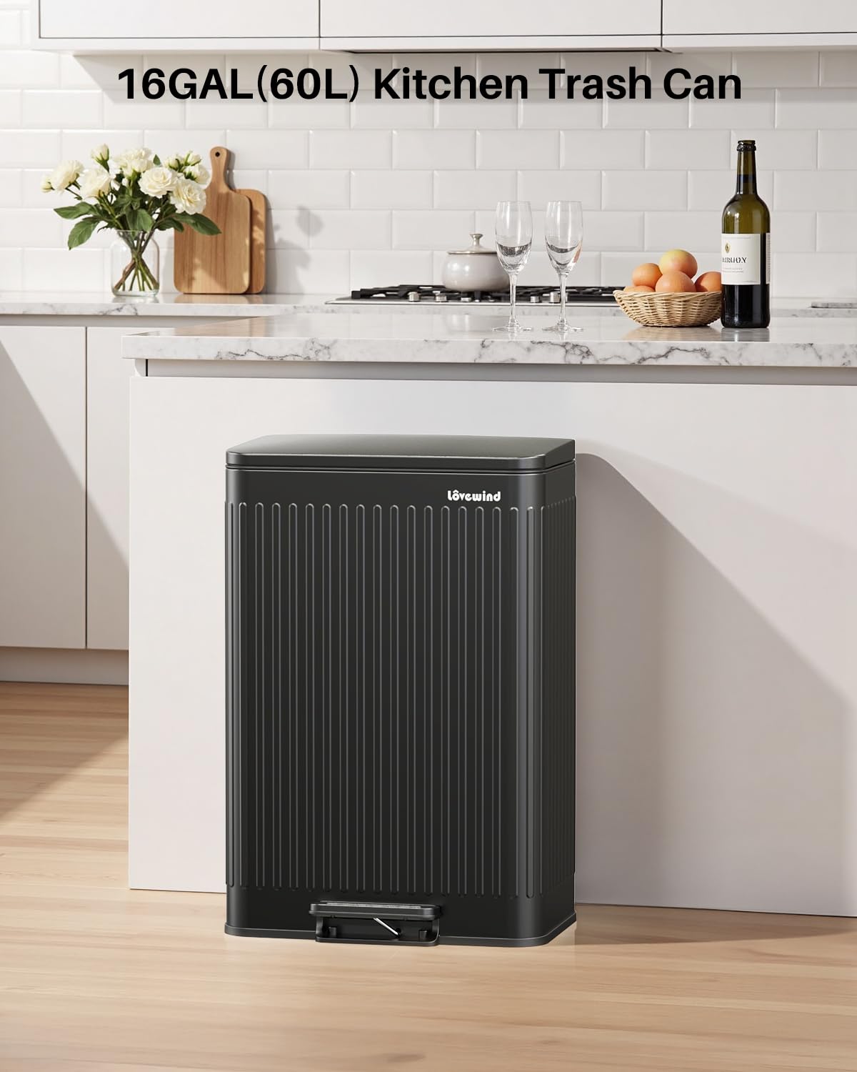 Lovewind 60 Liter/ 16 Gallon Stainless Steel Trash Can with Soft-Close Lid, Large Footstep Garbage Can with Roman Texture, Removable Inner Buckets, Recycling Bin for Kitchen Office, Black