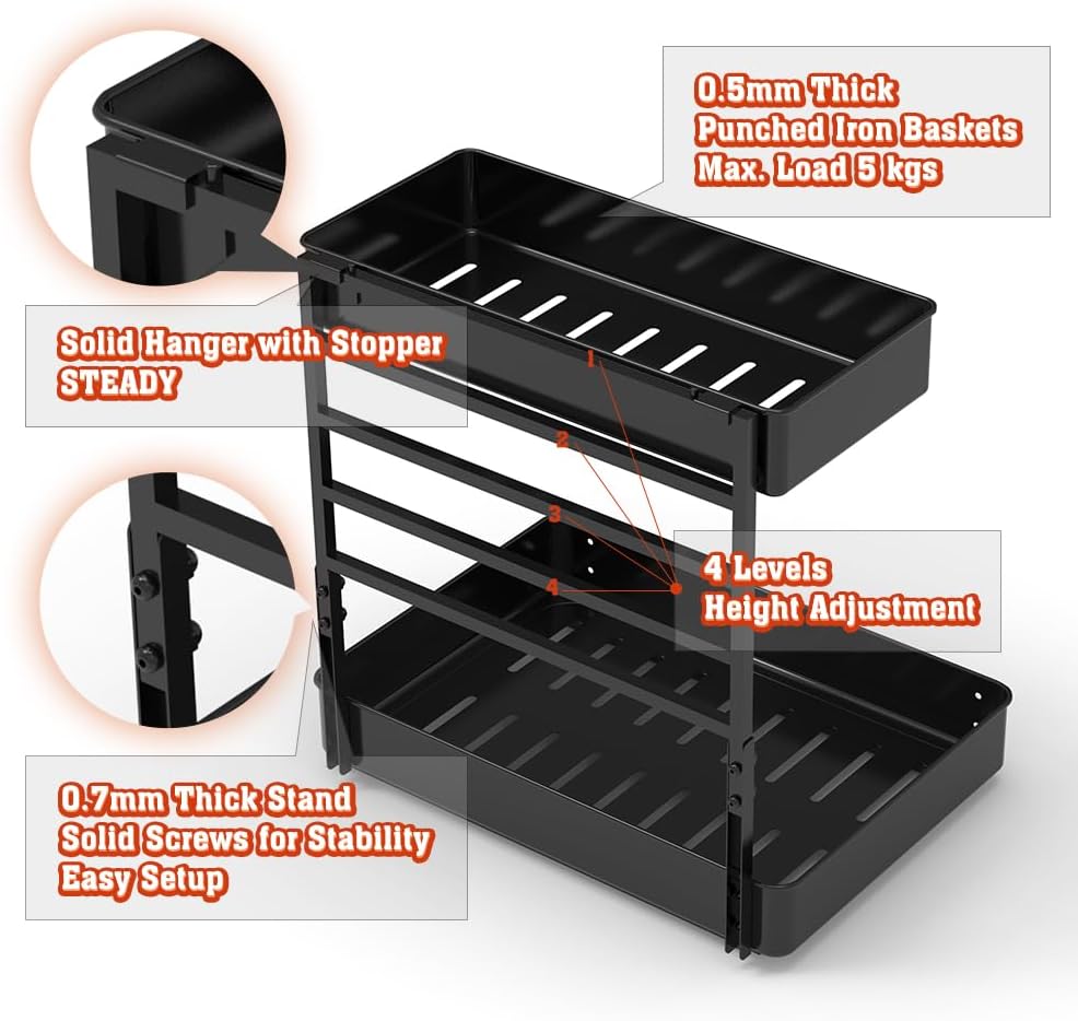 EVERIE Metal Pull Out Slide Shelf Organizer for Under Sink Organization in Kitchen, Bathroom, Counter, Cabinets, Minimum Available Space 13" Wide x 16.5" Deep (Black, 1 Set)