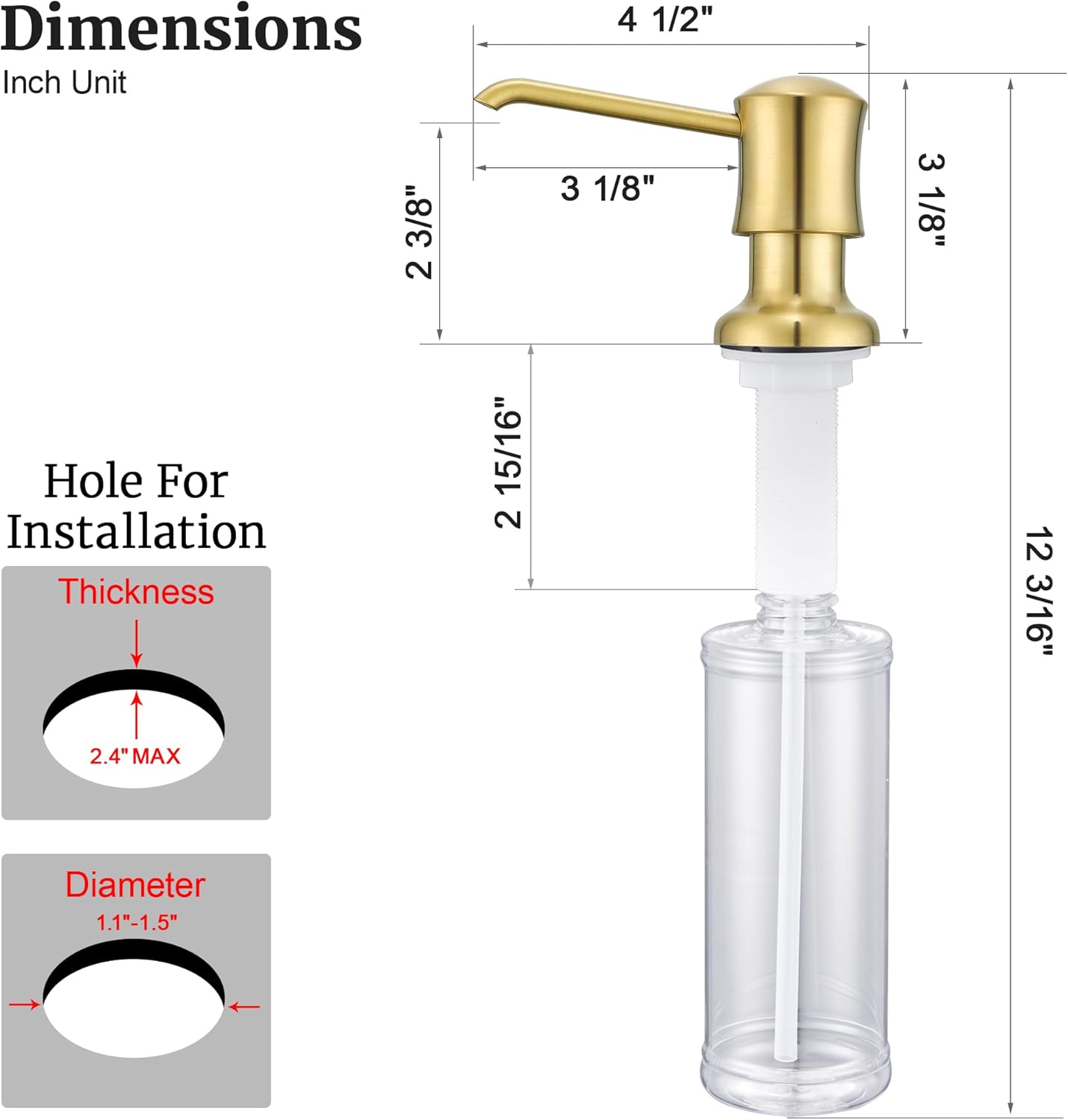 Brushed Gold Sink Soap Dispenser for Kitchen Sink (Gold Brushed),Dish & Hand Liquid Soap Dispenser，Built-in & Refill from Top Type