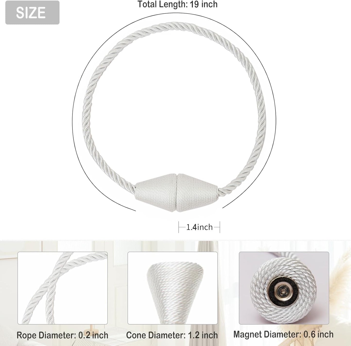 Magnetic Curtain Tiebacks 2 Pack Outdoor Rope Curtain Tie Backs Decorative Window Treatment Holdbacks for Home Decorative Curtain, White