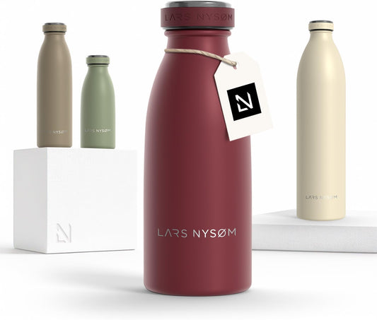 LARS NYSØM Stainless Steel Insulated Water Bottle 12oz 17oz 25oz 34oz 51oz | Insulated Thermo Flask for Hot and Cold Beverages | Leakproof Drinking Bottle (Berry Red, 11.9oz)