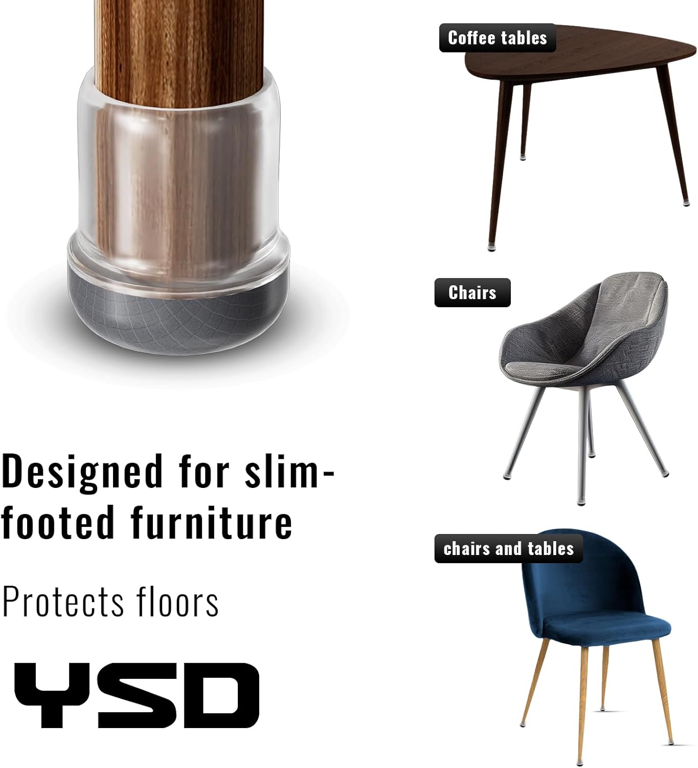 YSD 1Inch 24 Pcs Silicone Chair Leg Floor Protectors,Hair and dust Resistant Round Chair Leg Caps for Tilt Chair Legs,Carpet Hardwood Floor Protectors with Gray Pads