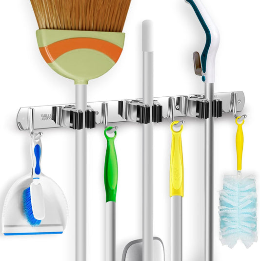 IMILLET Broom Holder Wall Mounted, Stainless Steel Broom and Mop Holder Self Adhesive Broom Organizer Heavy Duty Hooks Storage Organizer for Home Laundry Room Garden Garage Closet Kitchen (1 Pack)