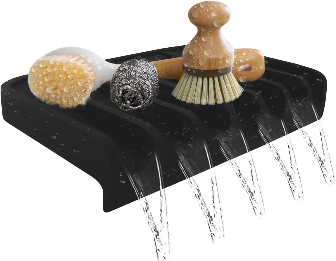 Effilogic Silicone Sponge Holder – Self-Draining Kitchen Sink Organizer, Quick Dry Mat and Counter Protector – Dishwashing Accessories for Sponges, Brushes, and Soap - Medium Black