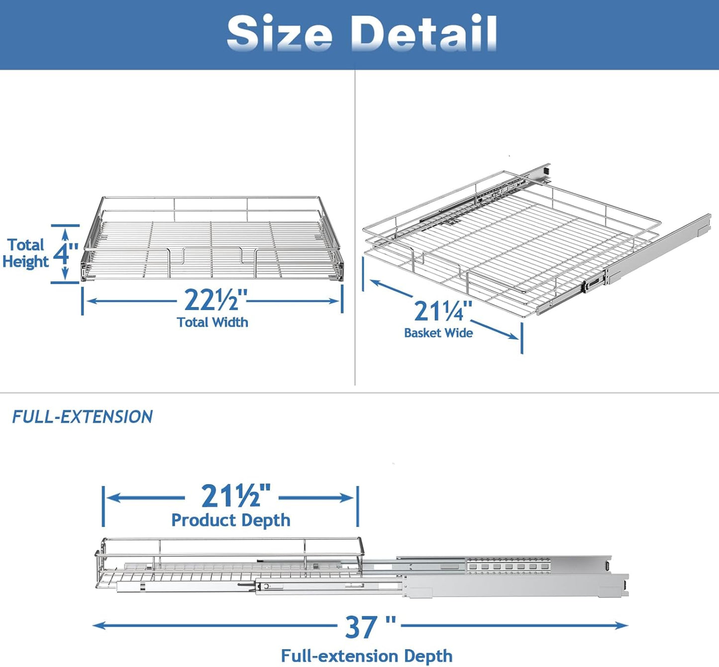 Pull Out Cabinet Organizer 22½" W x 21½" D, Heavy Duty Cabinet Pull Out Shelves, Slide Out Drawers Organization for Kitchen Cabinets Bathroom