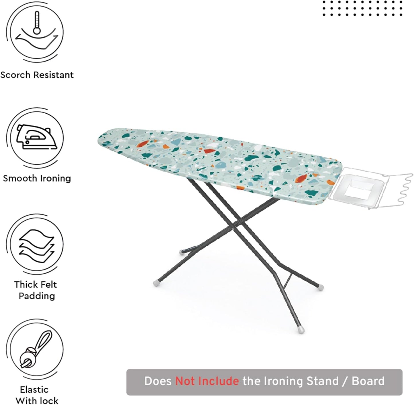 Encasa XO Ironing Board Cover and Pad - Thick 4mm Felt, Heat & Scorch-Resistant, Fits Medium Boards 42"x14", Elastic Bungee Cord Tightening, Easy Fit, Stain-Safe Dye, Terrazzo Mint