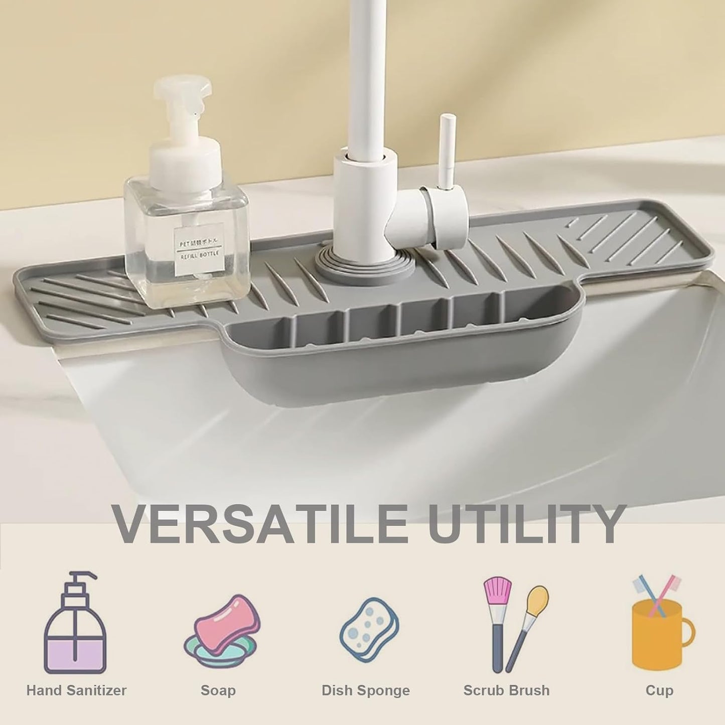 Silicone Faucet Mat with Sponge Holder, Sink Splash Guard, Faucet Draining Mat for Kitchen Bathroom, 5° Slope Split-flow Drainage, Sink Dry and Tidy Organizer, Gray