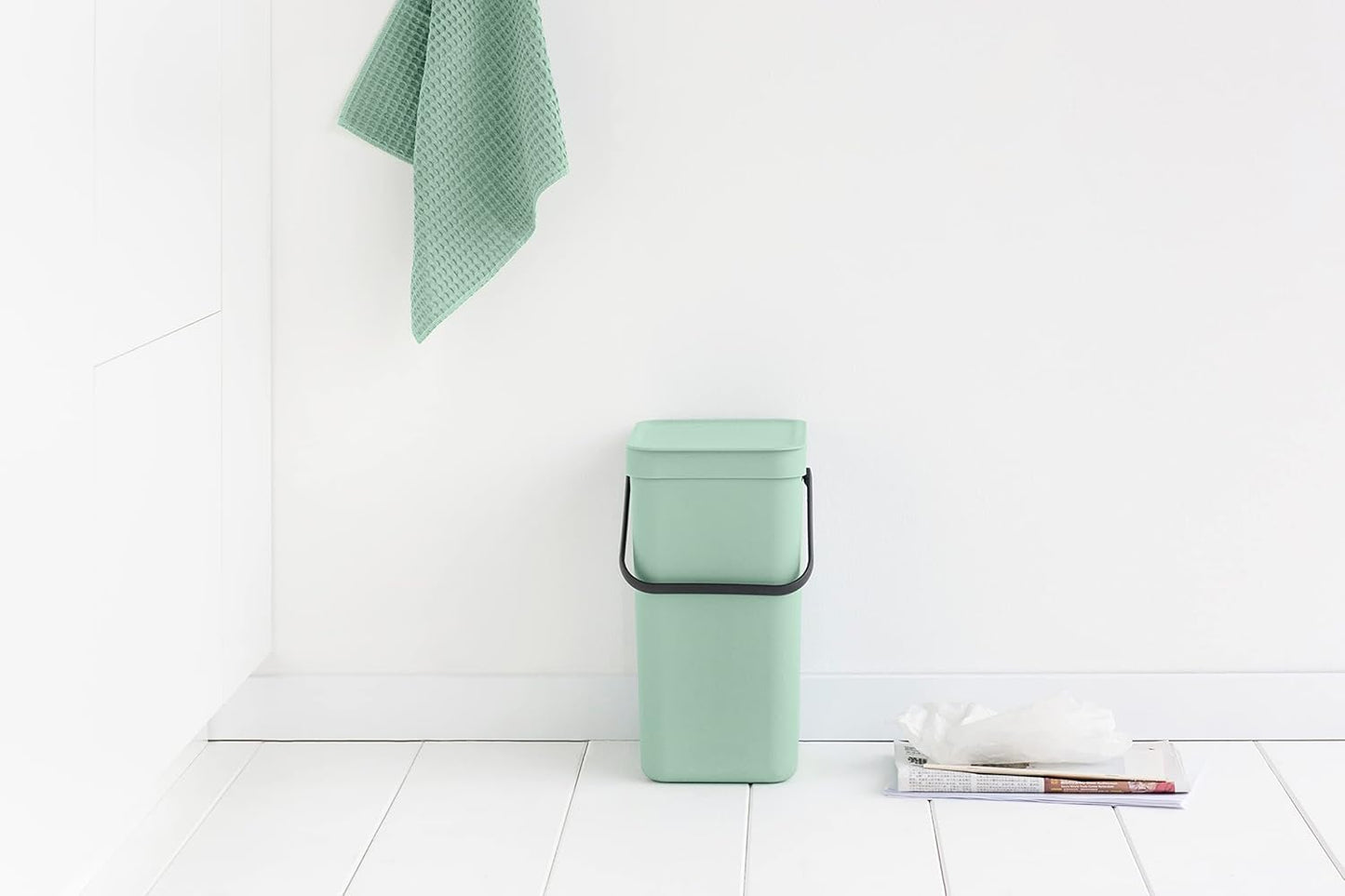 Brabantia Sort & Go Kitchen Recycling Can (3.2 Gal/Jade Green) Stackable Waste Organiser with Handle & Removable Lid, Wall/Cupboard Mounting