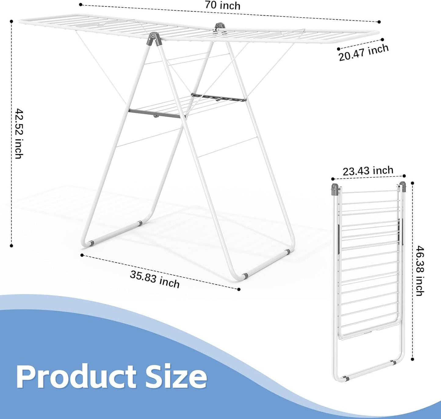 KINGBOARD Clothes Drying Rack Foldable, Metal Drying Rack Clothing with Height-Adjustable, Laundry Rack, Indoor Outdoor Use, No Assembly, 20.47"x 70"x 42.52", White