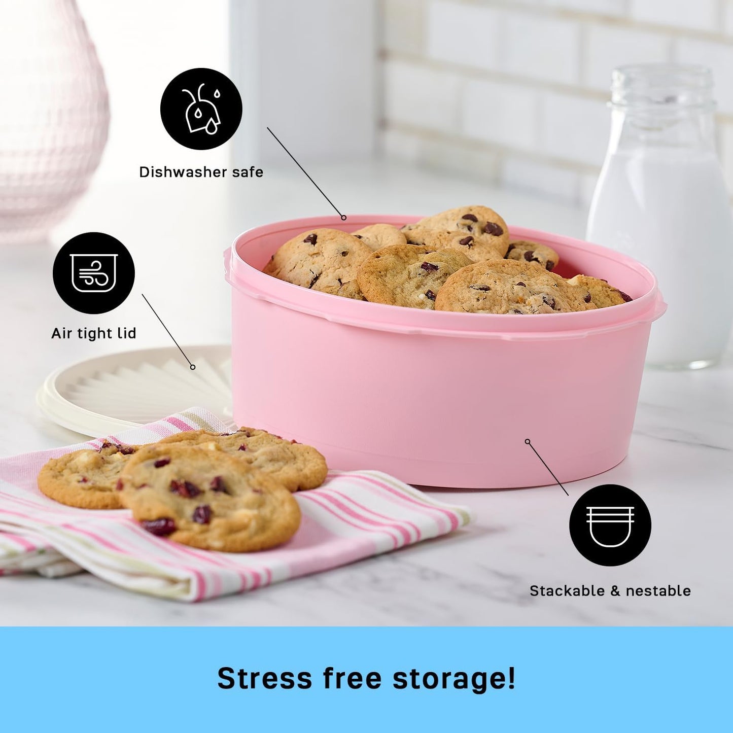 Tupperware Heritage Collection 7.6 Cup Cookie Canister, Vintage Light Pink Color, Dishwasher Safe and BPA Free Container (1.8 L)