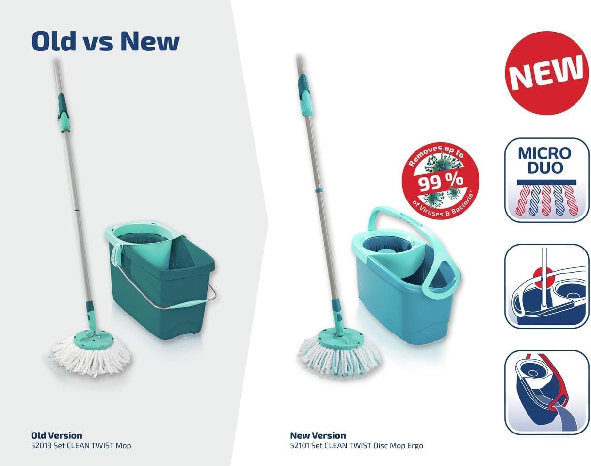 Leifheit Clean Twist Disc Mop Ergo Mop and Bucket, Floor Mop with Moisture-Controlled Spin Mop, Easy-Steer 360 Joint Microfibre Mop Head, 33cm Wide, Twist Mop