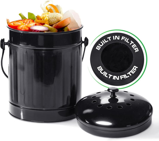 Plexon Countertop Compost Bin Kitchen Indoor with Lid, Black 1.5 Gallon Odorless Kitchen Container, Steel Food Compost Bucket with Charcoal Filter, Compost Pail for Countertop