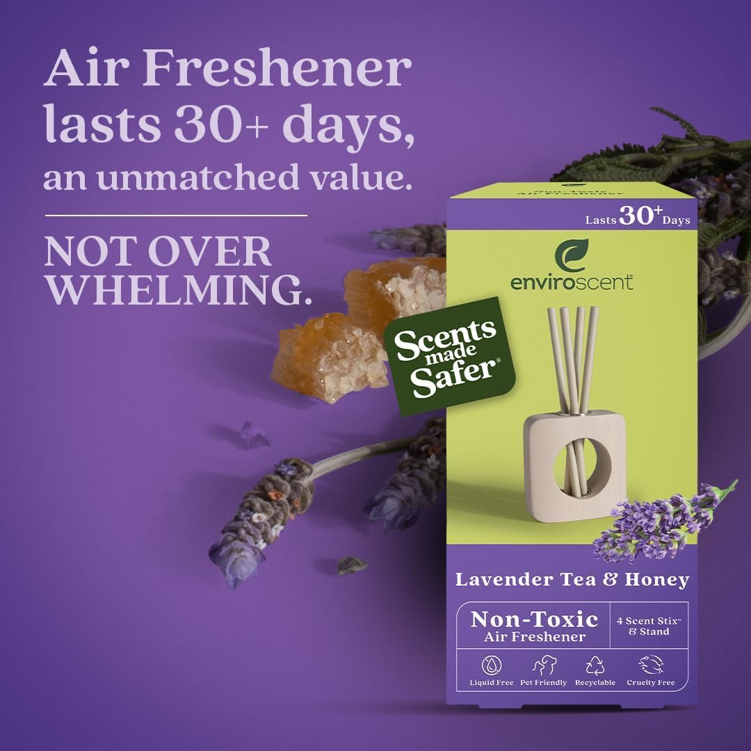 Enviroscent Non-Toxic Air Freshener for Home | Liquid Free Diffuser | Home Fragrance Lasts Over 30 Days | Kit includes 1 Mango Wood Stand & 1 Scent Stix Refill (Lavender Tea & Honey)