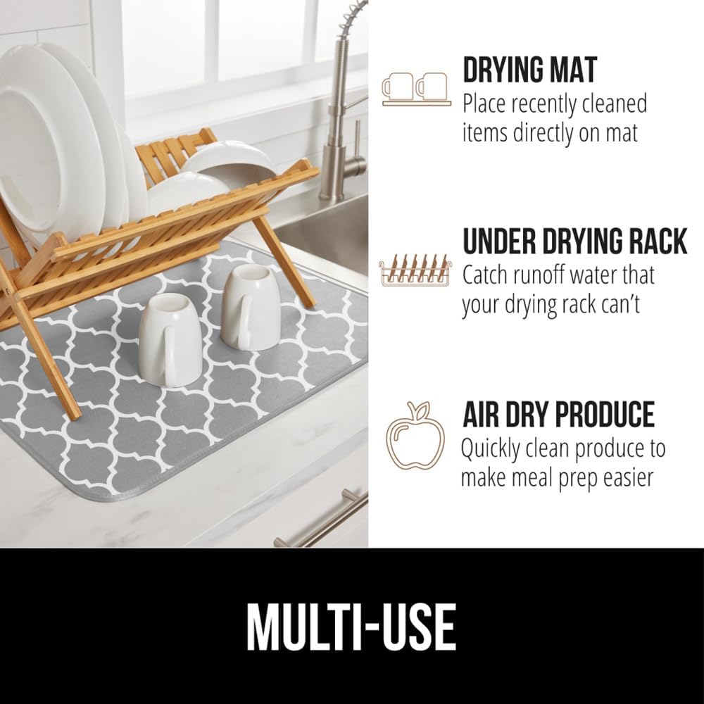 GORILLA GRIP Ultra Water Absorbent Microfiber Dish Drying Mat, 18x24, Quick Dry Thick Mesh, Slip Resistant Pad for Sink Dishes or Under Rack, Kitchen Counter Accessories, Machine Wash Mats, Quatrefoil