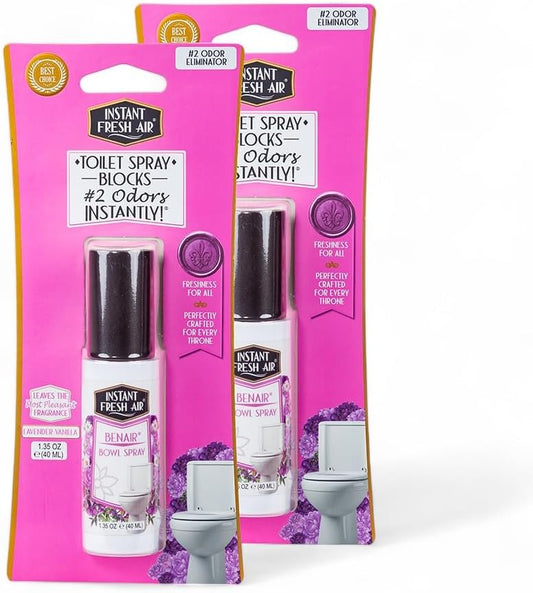 2-Pack: Superior Toilet Spray with Instant Odor Elimination, Lavender Vanilla Fragrance, Odor Eliminator Bathroom Spray, Travel Size, Long-Lasting, Eco-Friendly, 1.35 Oz. - INSTANT FRESH AIR