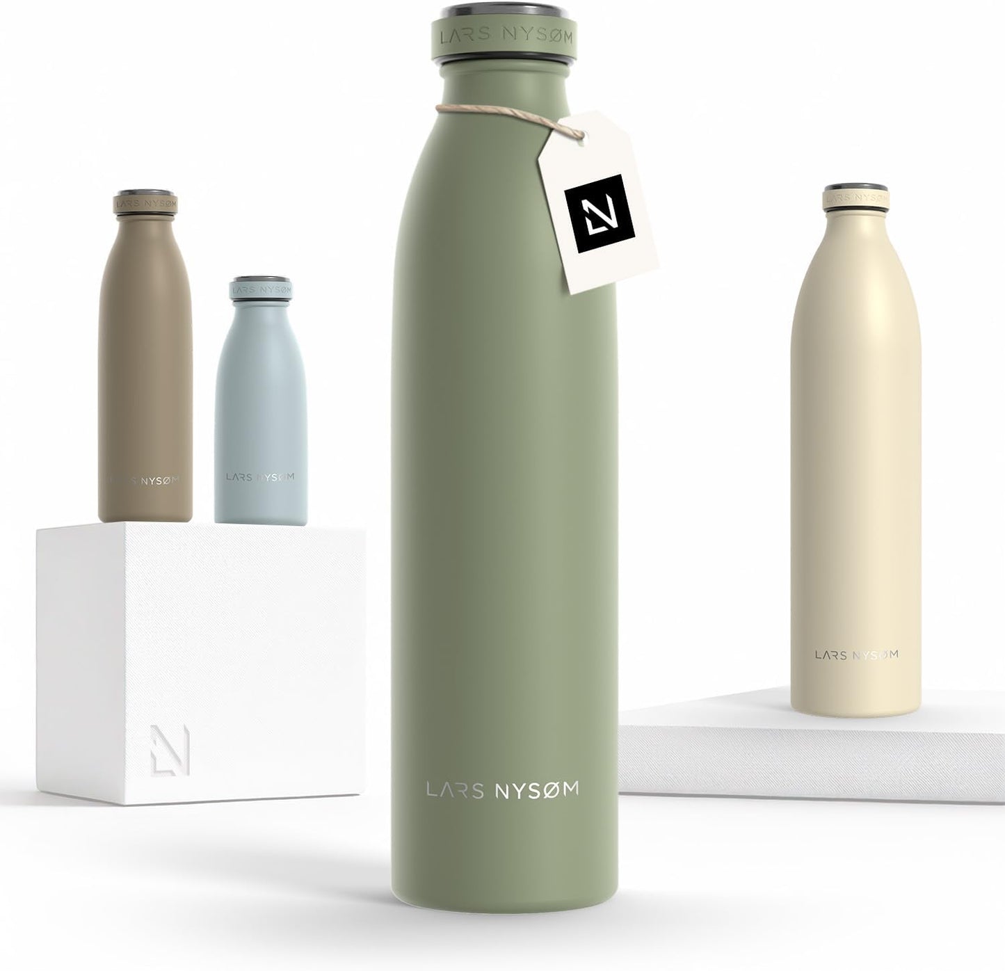 LARS NYSØM Stainless Steel Insulated Water Bottle 12oz 17oz 25oz 34oz 51oz | Insulated Thermo Flask for Hot and Cold Beverages | Leakproof Drinking Bottle (Sage Green, 25.4oz)