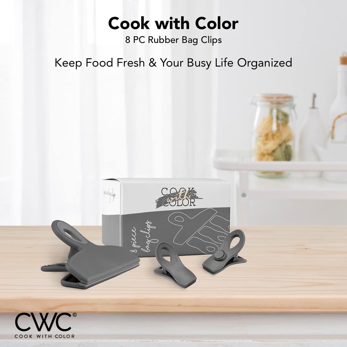 COOK WITH COLOR Bag Clips - Heavy Duty Chip Clip and Refrigerator Magnet Clips for Food Storage with Air Tight Seal Grip, Grey, Pack of 8