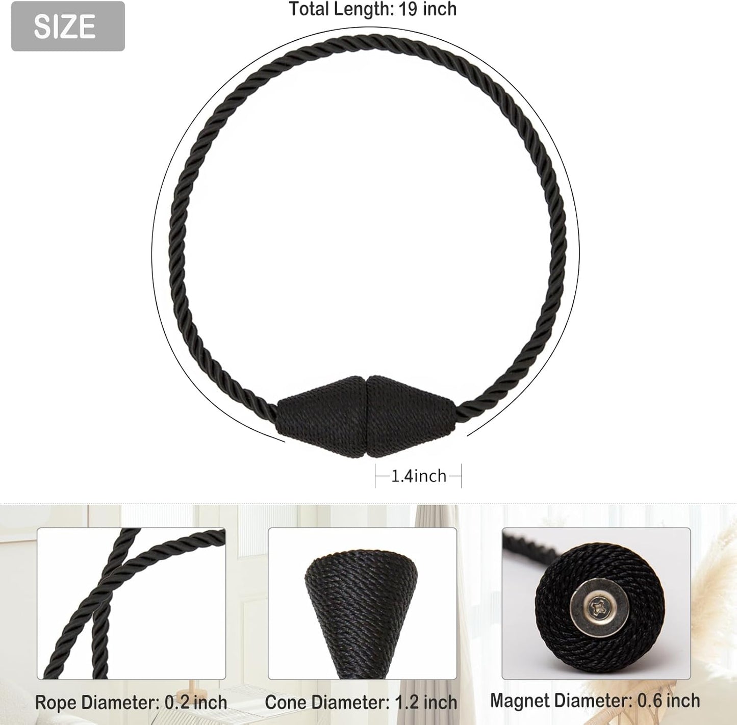 Magnetic Curtain Tiebacks 8 Pack Outdoor Rope Curtain Tie Backs Decorative Window Treatment Holdbacks for Home Decorative Curtain, Black