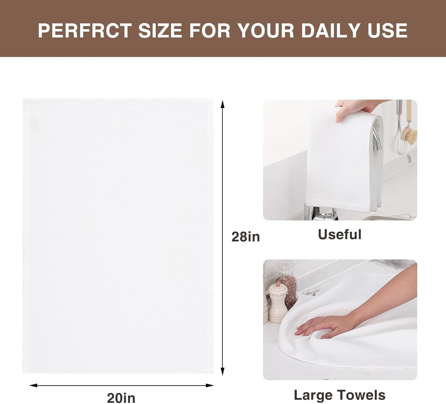 Homaxy 100% Cotton Oversized Waffle Weave Kitchen Dish Towels, Ultra Soft Absorbent Quick Drying Cleaning Towel, 20 x 28 Inches, 4-Pack, White