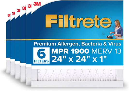 Filtrete 24x24x1 AC Furnace Air Filter, MERV 13, MPR 1900, Premium Allergen, Bacteria & Virus Filter, 3-Month Pleated 1-Inch Electrostatic Air Cleaning Filter, 6-Pack (Actual Size 23.81x23.81x0.78 in)