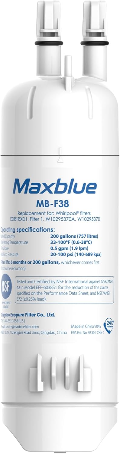 Maxblue MB-F38 Replacement for W10295370A, Everydrop® Filter 1, EDR1RXD1, EDR1RXD1B, P8RFWB2L, P4RFWB, Kenmore® 46-9081, 46-9930, Refrigerator Water Filter, 1 Filter