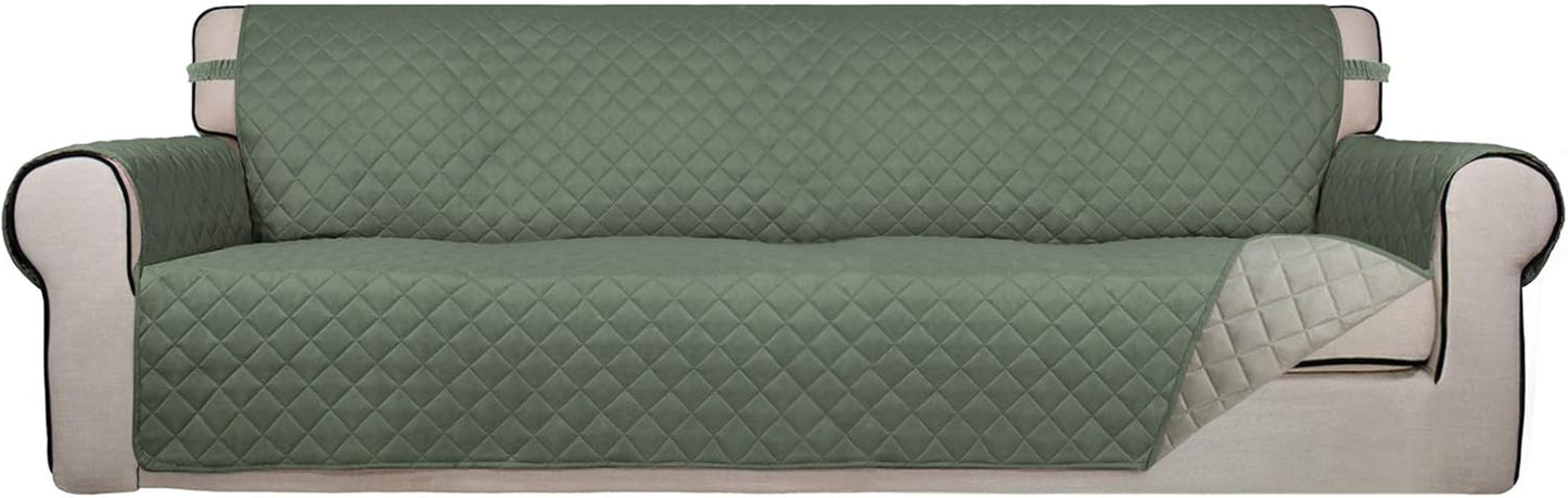PureFit Reversible Quilted Sofa Cover, Water Resistant Slipcover Furniture Protector, Washable Couch Cover with Non Slip and Elastic Straps for Kids, Dogs, Pets (XX Large, Greyish Green/Beige)