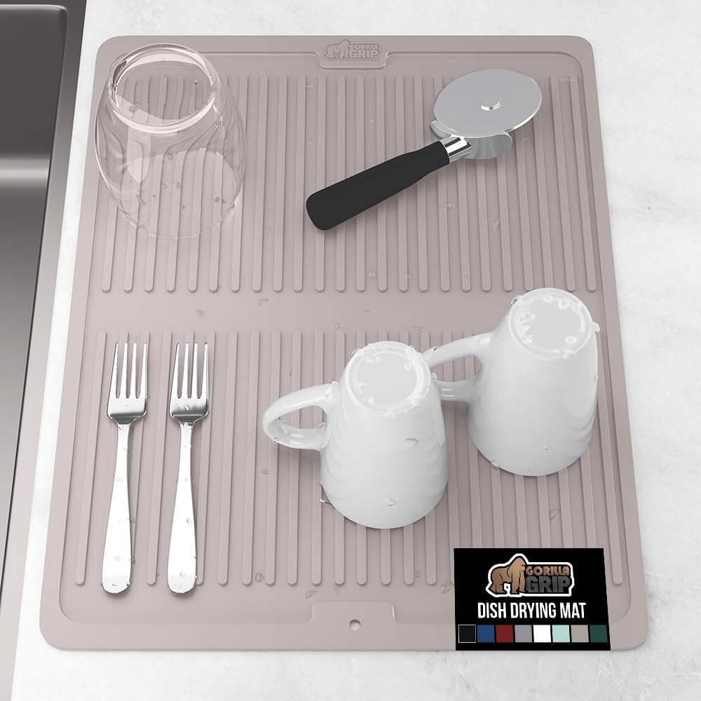 GORILLA GRIP 100% BPA-Free Patented Silicone Dish Drying Mat for Kitchen Counter, 18x16 Inch, Water Catching Ribbed Design, Easy Clean Waterproof Sink Liner, Heat Resistant, Fits Under Rack, Almond