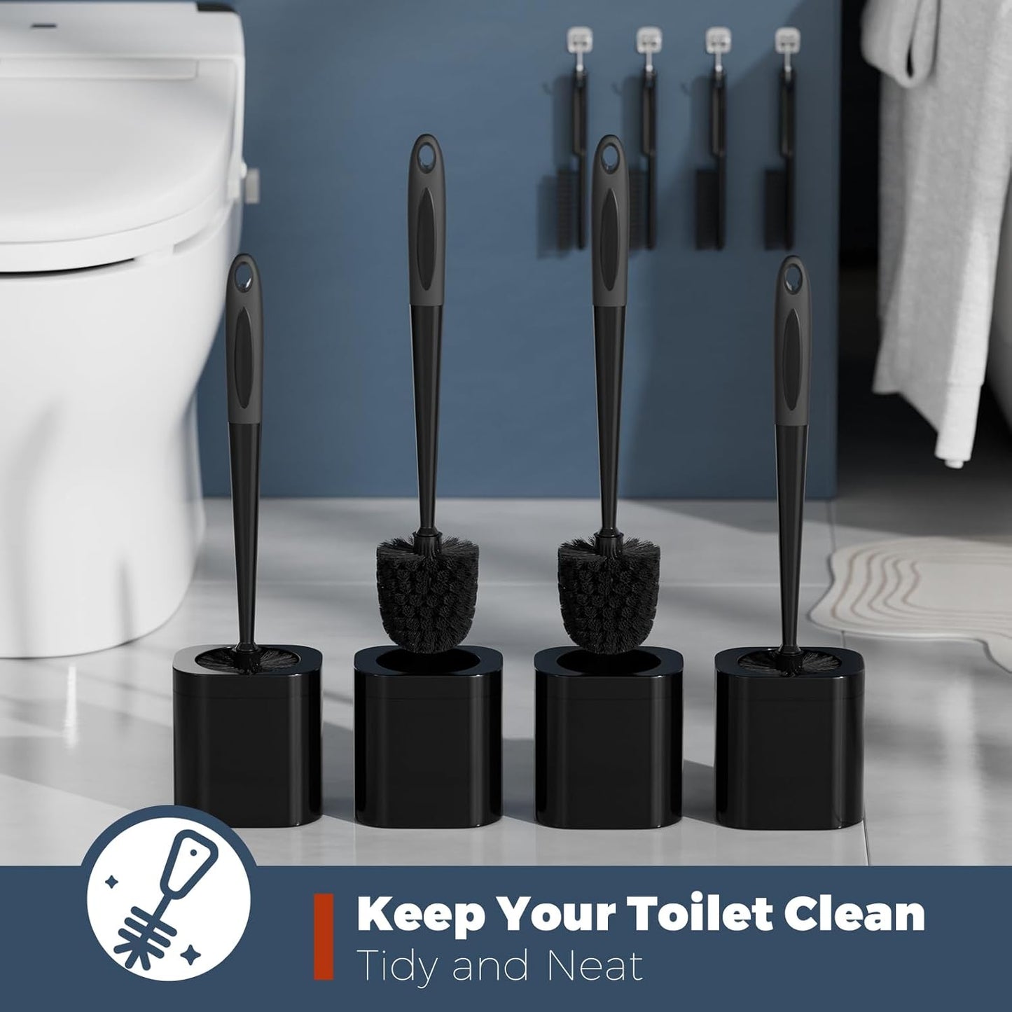 Toilet Brush, 4 Pack Toilet Brush and Holder Set Bathroom Accessories, Toilet Bowl Brush and Holder with 4 Crevice Brush for Bathroom, Toilet Scrubber Brush, Black