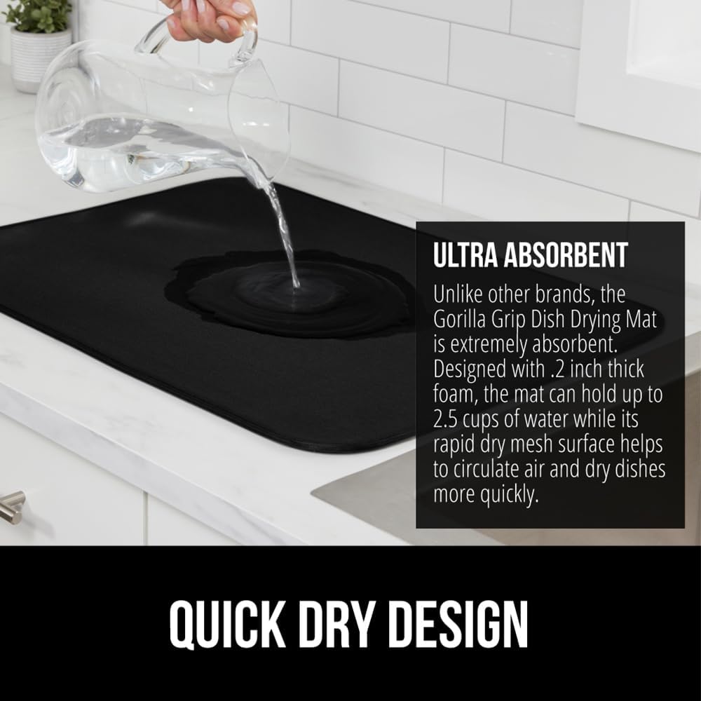 GORILLA GRIP Ultra Water Absorbent Microfiber Dish Drying Mat, 18x24, Quick Dry Thick Mesh, Slip Resistant Pad for Sink Dishes or Under Rack, Kitchen Counter Accessories, Machine Wash Mats, Black