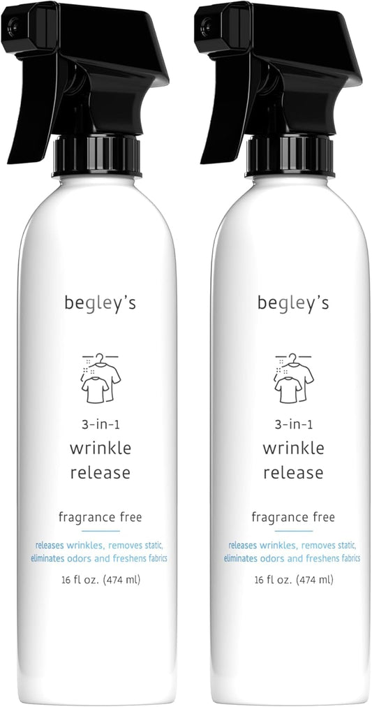 Begley's 3-in-1 Wrinkle Remover, Quick Fix Wrinkle Release, Static Cling Remover, Odor Eliminator and Fabric Refresher Spray - USDA Certified Biobased - Fragrance-Free, 16 oz, 2 Pack