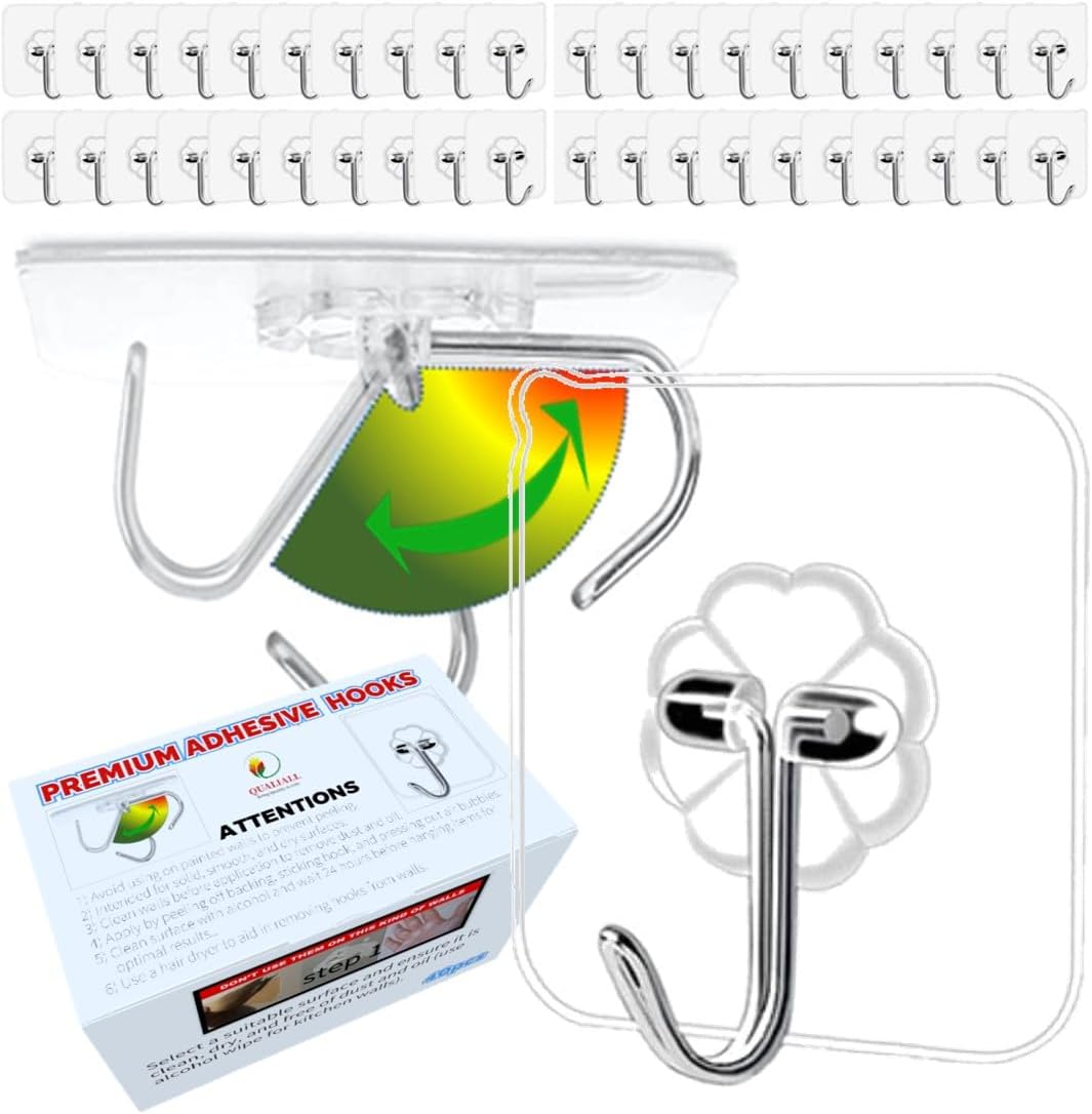 40pcs Heavy Duty Adhesive Hooks for Damage-Free Hanging - Transparent Plastic Hangers for Ceilings and Walls