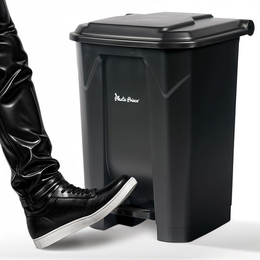14 Gallon Step-On Trash Can/Container, Black Plastic Dustbin with Lid and Foot Pedal, Hands-Free Disposal