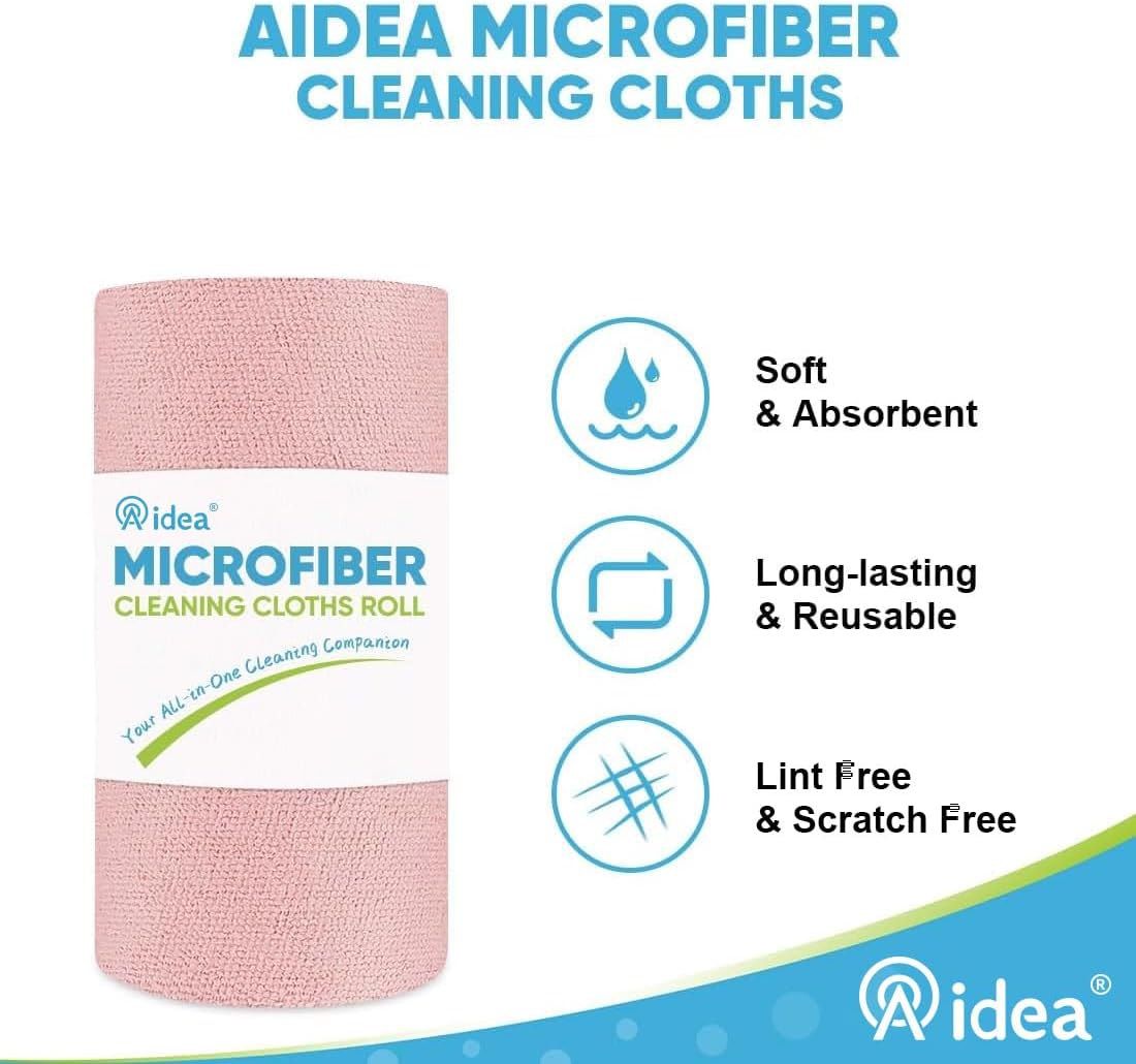 AIDEA Microfiber Cleaning Cloth 165 Sheets 3 Roll, Pink, Microfiber Towels for Cars, Shop Towels, Shop Rags Washable,Cleaning Rags Reusable Paper Towels for Automotive, Workshops, House,11×9"